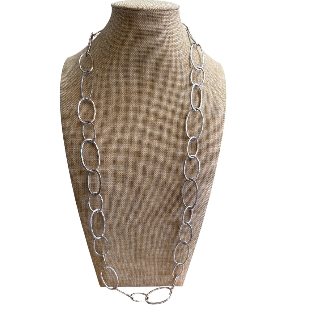 Hammered Silver Tone Oval Link Long Opera Necklace with Toggle Clasp